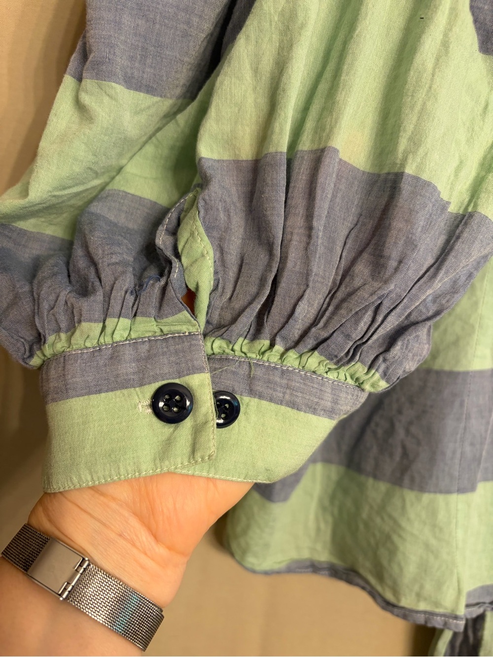 Tawni Haynes Striped Tie-Neck Puff-Sleeve Blouse - Green and Blue - Picture 8 of 9